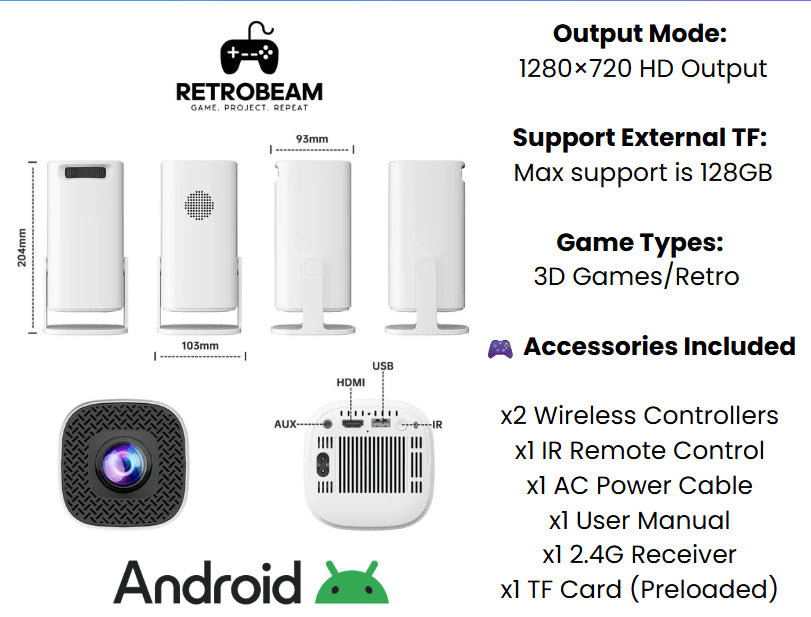 Technical diagram of a small electronic device with dimensions and connectivity ports labeled.